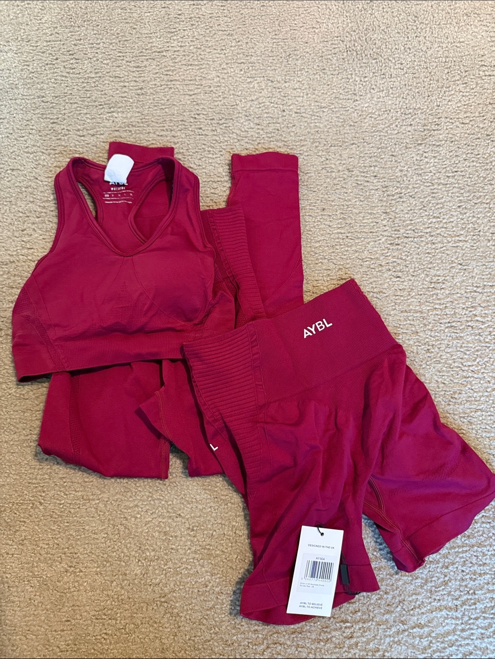 AYBL Burgundy Active Set - Sports Bra & High-Waist Shorts and leggings XS